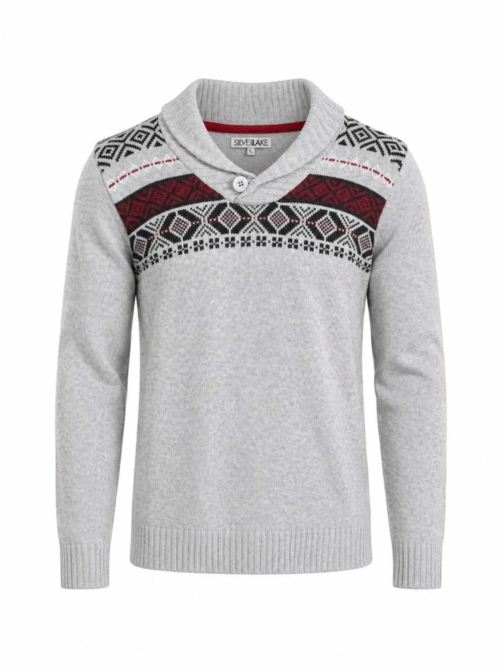 Silverlake Fair Isle Shawl Collar Nordic Knit Sweater Gray Red XL